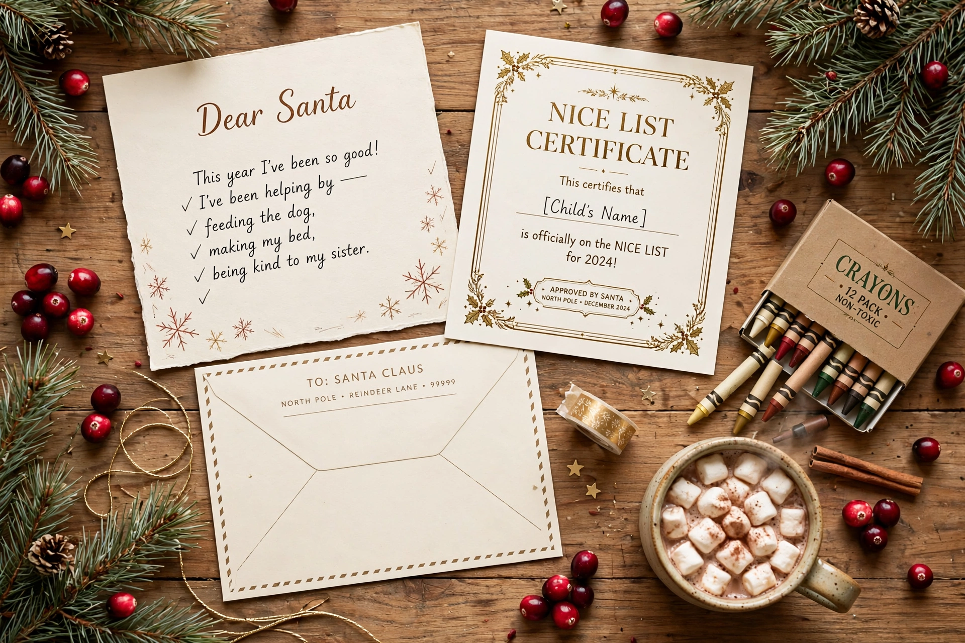 The Santa Letter Kit laid out on a kitchen table — letter page, Nice List certificate, printable envelope and cocoa
